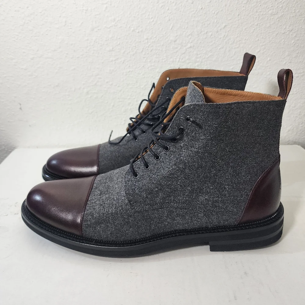 TAFT Jack Boot Men’s Gray Wool Lace Up Ankle Boots Burgundy Leather Size 13